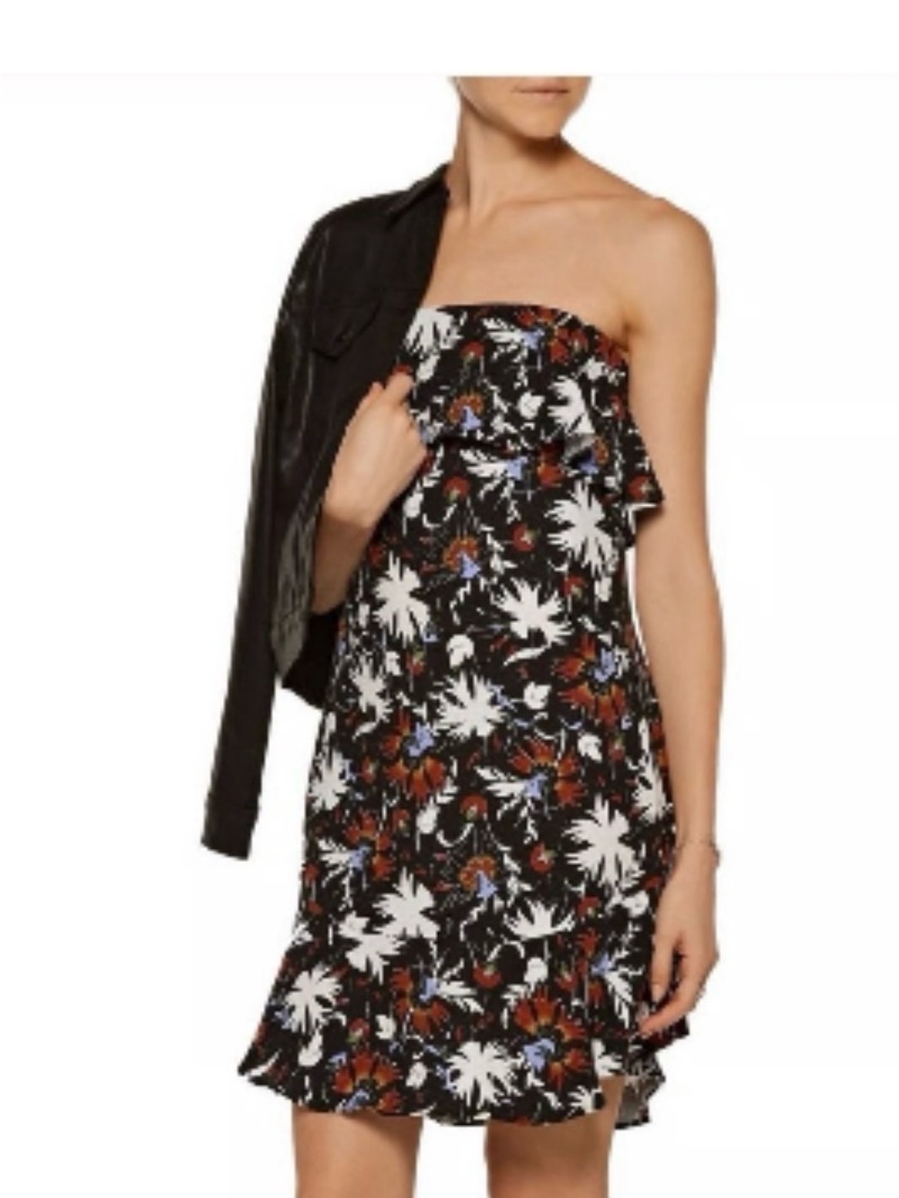 A.L.C. Black Strapless Floral A-Line Dress with White, Brown & Lavender Print